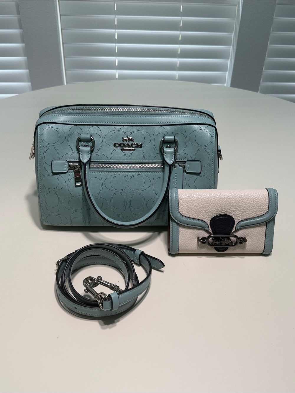 Coach Light Blue and Cream Signature Leather Satchel with Matching Wallet